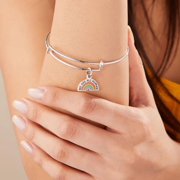 039We Are All Human039 Rainbow Charm Bangle Bracelet Shiny Silver Women Alex And Ani Iconic Alex And Ani 039We Are All Human039 Rainbow Charm Bangle Bracelet Shiny Silver Women Alex And Ani Iconic Alex And Ani