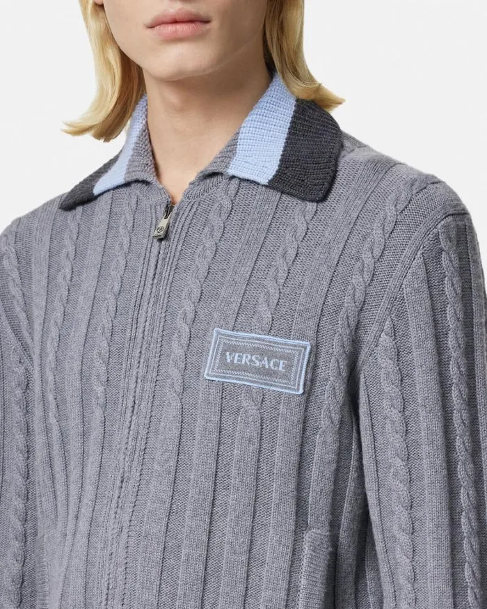 90s Vintage Logo Knit Zip Jumper Gray Men Versace Knitwear