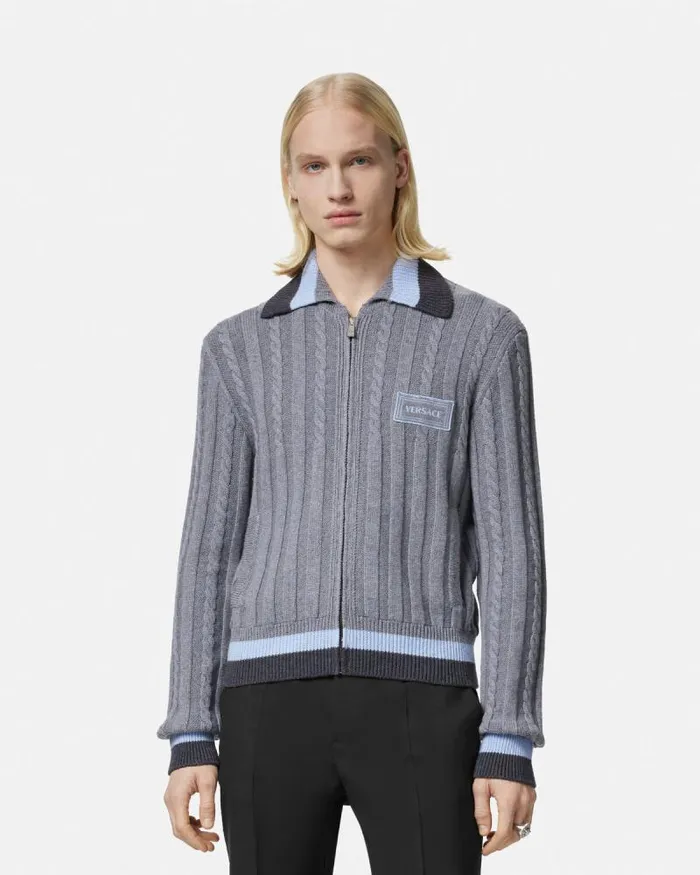90s Vintage Logo Knit Zip Jumper Gray Men Versace Knitwear