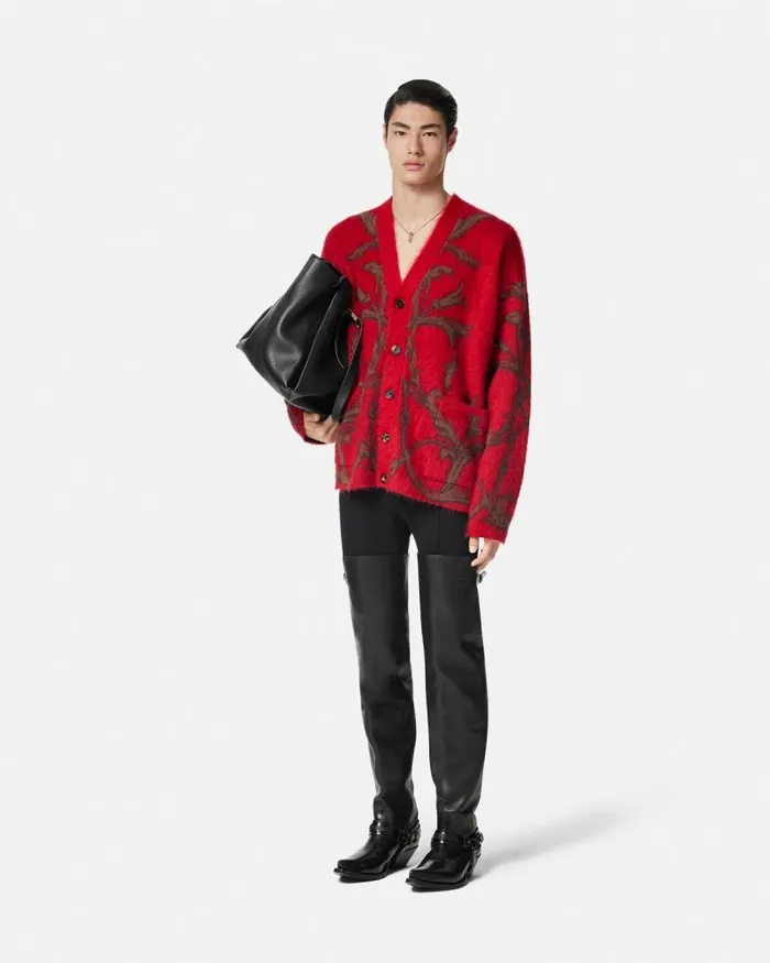 Acanthus Leaves MohairBlend Cardigan Red Men Versace Knitwear