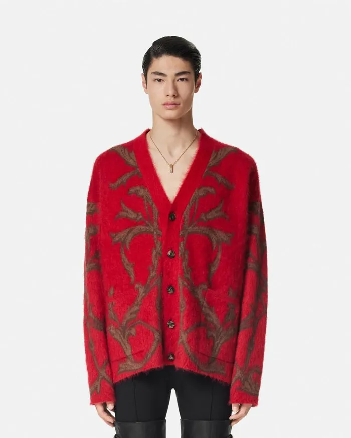 Acanthus Leaves MohairBlend Cardigan Red Men Versace Knitwear