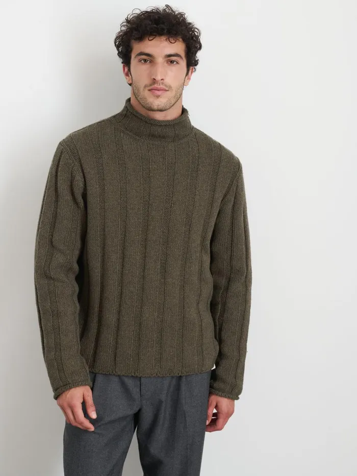 Alex Mill Sweaters Sweatshirts Men Mateo Roll Neck Sweater In Ribbed Wool Cotton Heather Olive