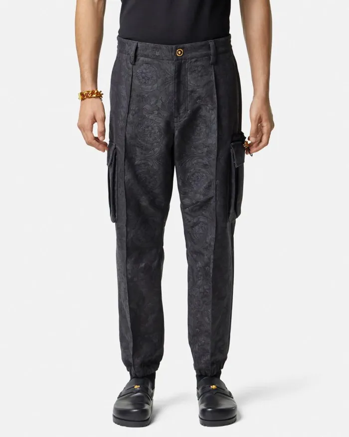 Barocco Jacquard Cargo Pants Gray Men Versace Pants and Shorts