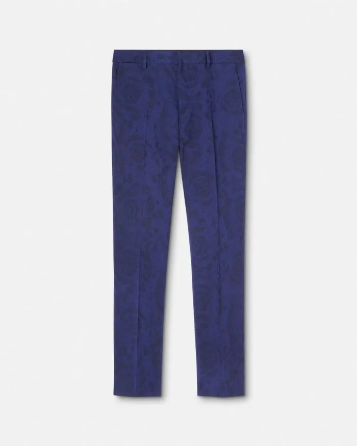 Barocco Jacquard Wool Pants Blue Men Versace Blazers and Suits