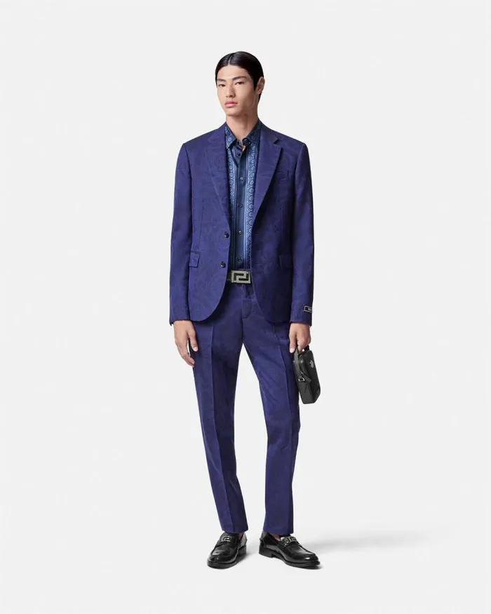 Barocco Jacquard Wool Pants Blue Men Versace Blazers and Suits
