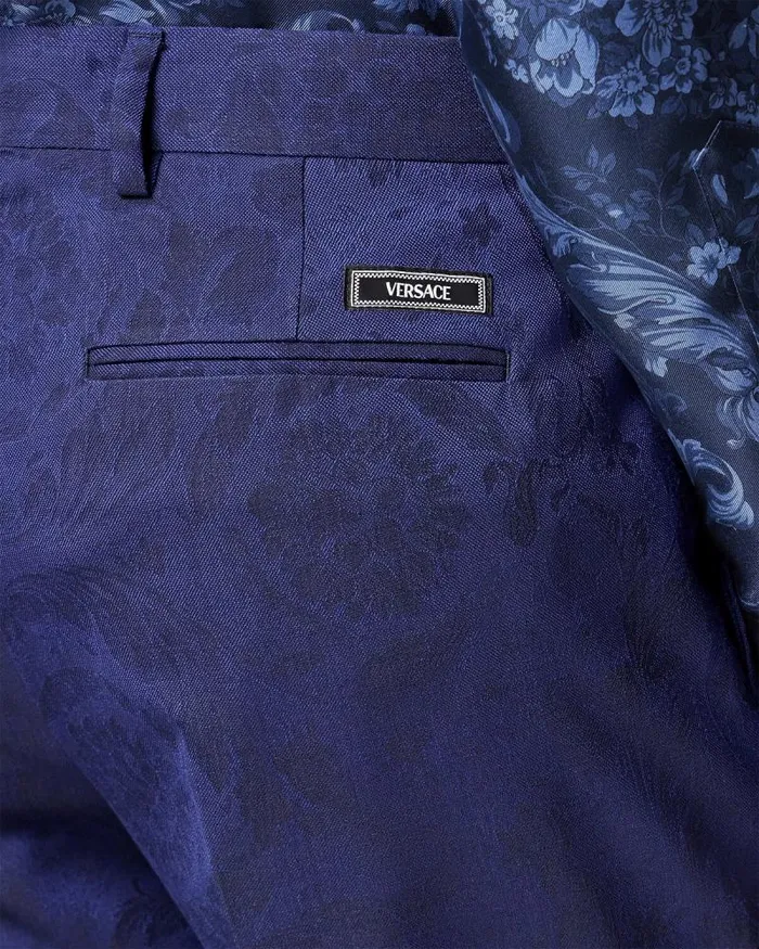 Barocco Jacquard Wool Pants Blue Men Versace Blazers and Suits