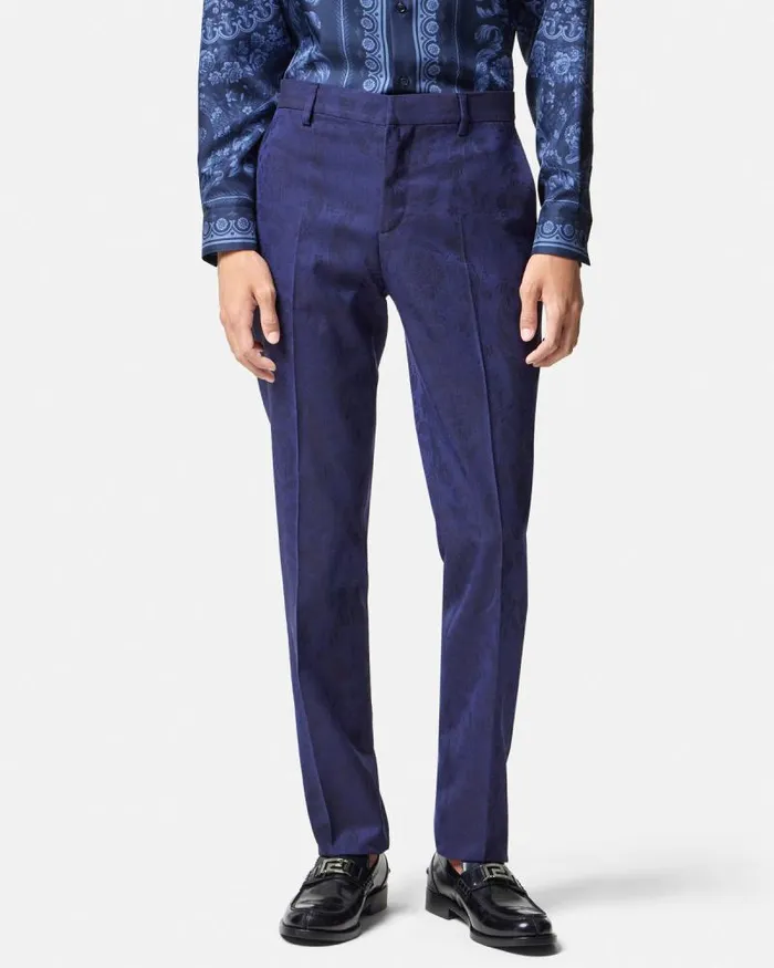 Barocco Jacquard Wool Pants Blue Men Versace Blazers and Suits