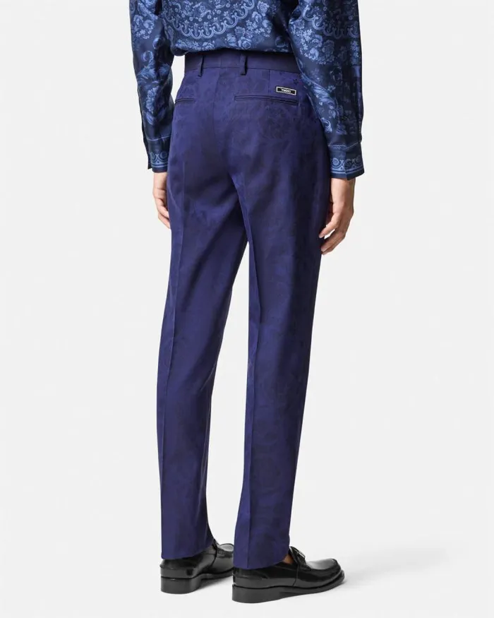 Barocco Jacquard Wool Pants Blue Men Versace Blazers and Suits
