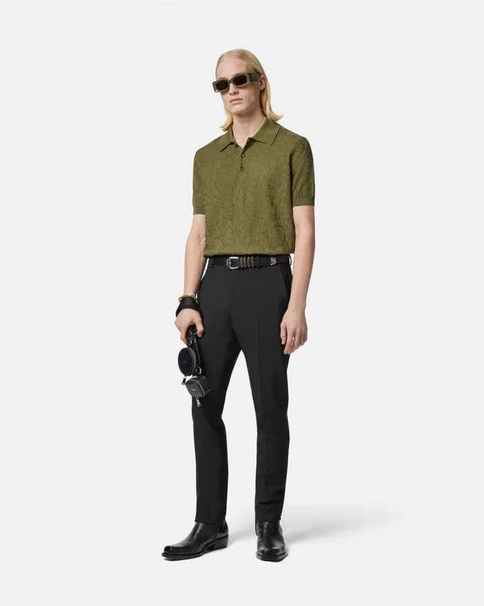 Barocco Knit Polo Shirt Green Men Versace Knitwear