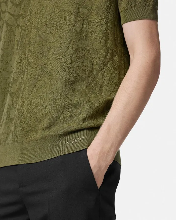 Barocco Knit Polo Shirt Green Men Versace Knitwear