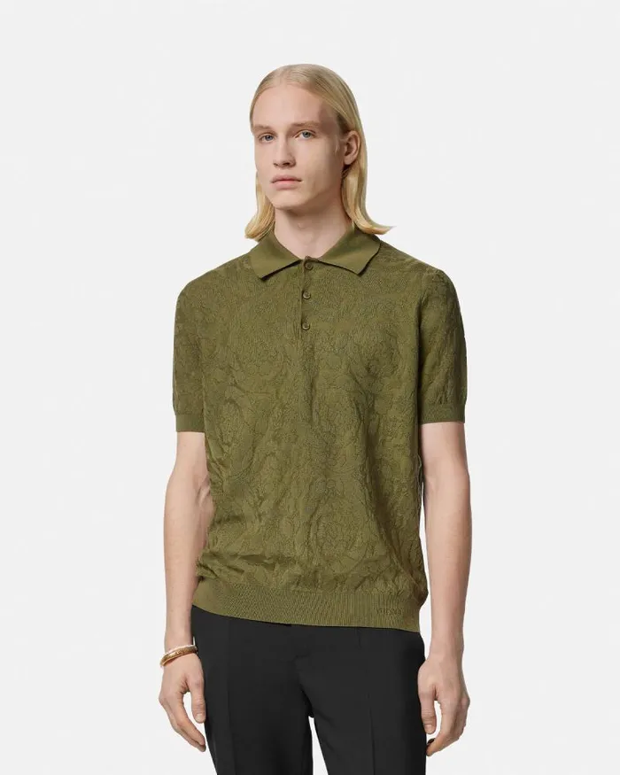 Barocco Knit Polo Shirt Green Men Versace Knitwear