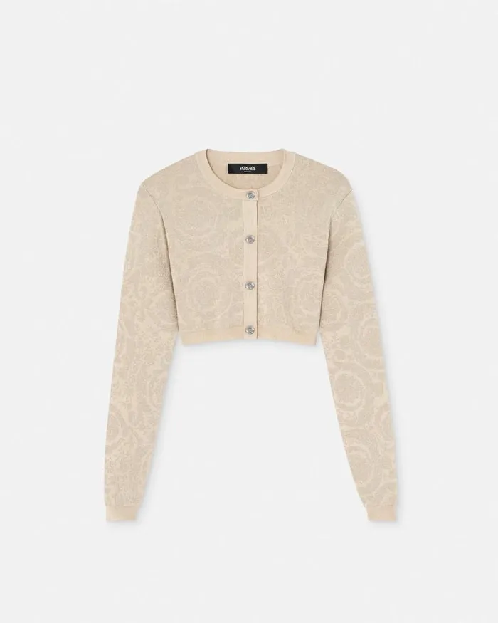 Barocco Lurex Crop Knit Cardigan Beige Women Versace Knitwear