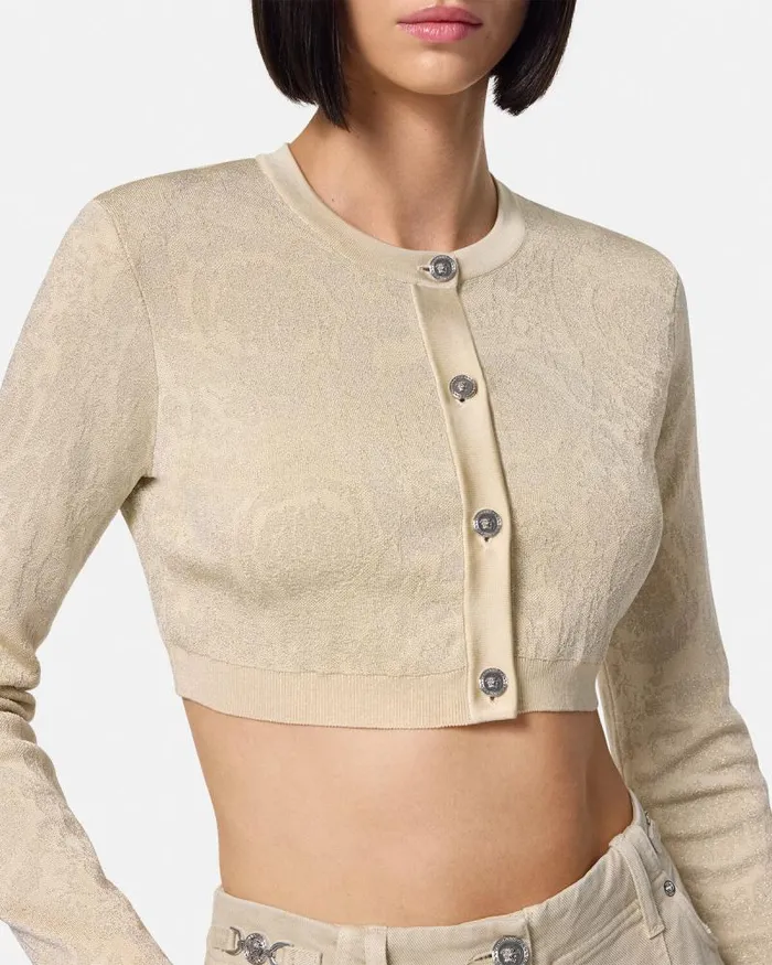 Barocco Lurex Crop Knit Cardigan Beige Women Versace Knitwear