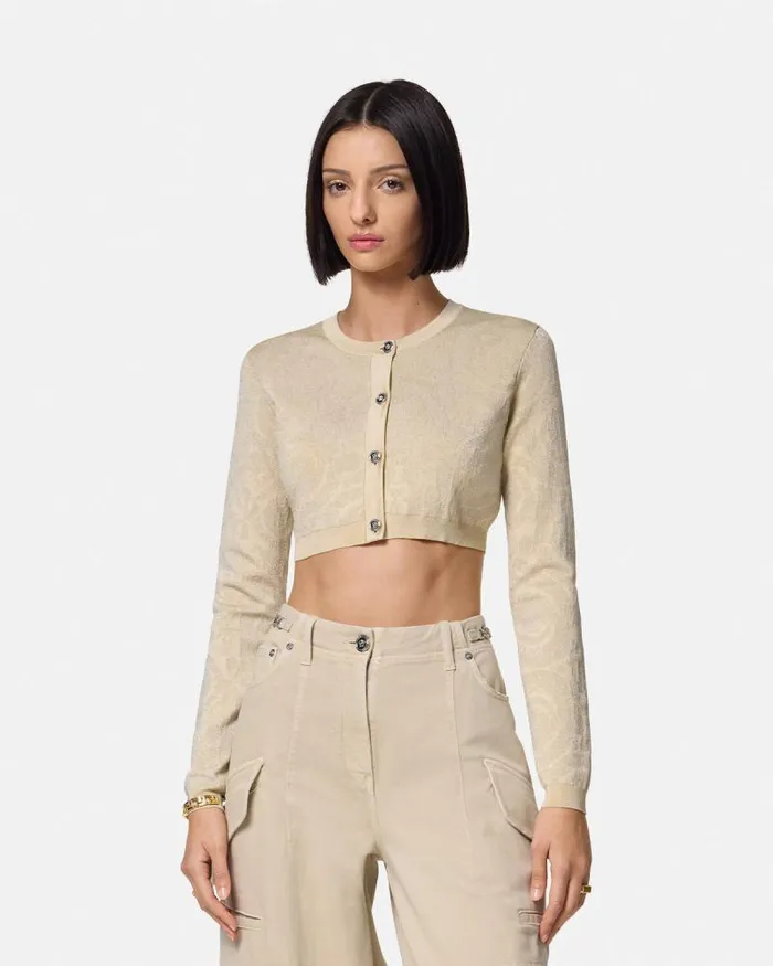 Barocco Lurex Crop Knit Cardigan Beige Women Versace Knitwear