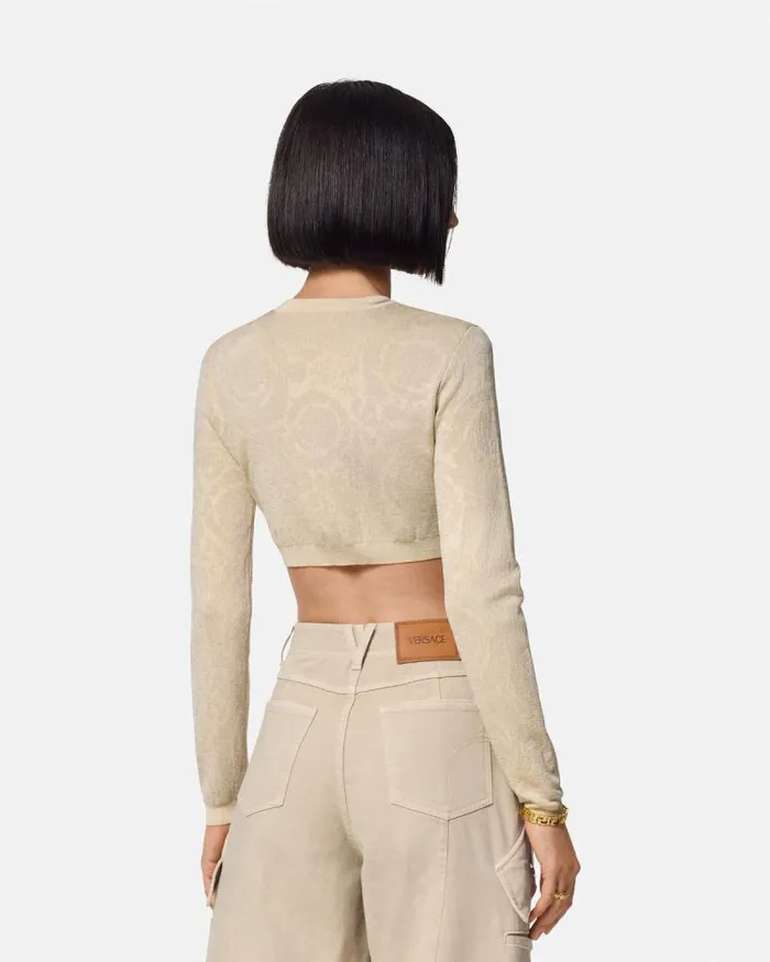 Barocco Lurex Crop Knit Cardigan Beige Women Versace Knitwear