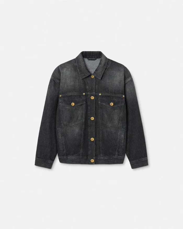 Barocco Oversized Denim Jacket Blackprint Women Versace Outerwear and Coats