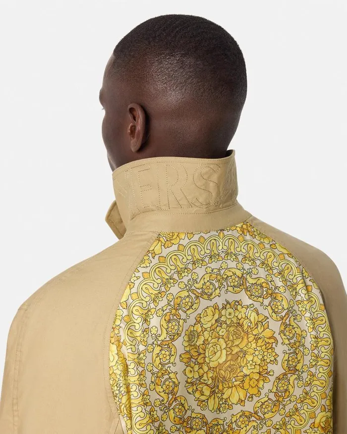 Barocco Panelled Gabardine Trench Coat Yellowprint Men Versace Jackets and Coats