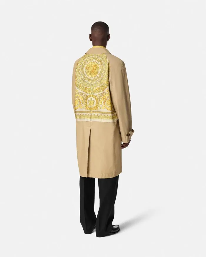 Barocco Panelled Gabardine Trench Coat Yellowprint Men Versace Jackets and Coats