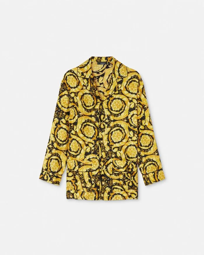 Barocco Print Silk Pajama Shirt Blackprint Women Versace Loungewear and Pajamas