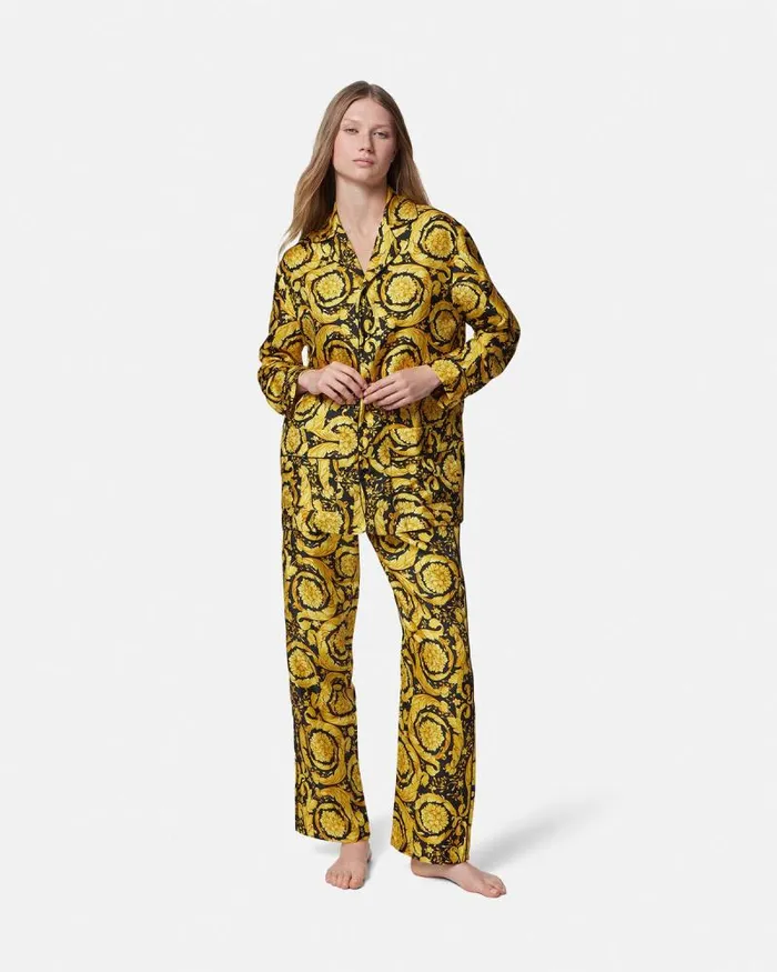 Barocco Print Silk Pajama Shirt Blackprint Women Versace Loungewear and Pajamas