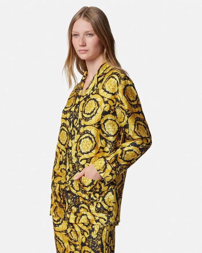 Barocco Print Silk Pajama Shirt Blackprint Women Versace Loungewear and Pajamas