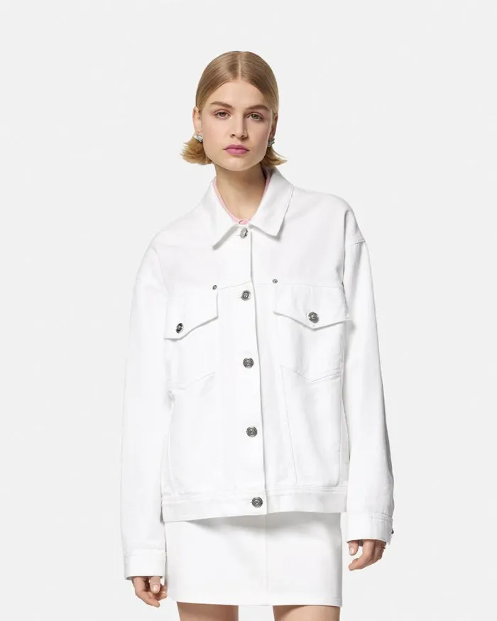 Barocco Sea Oversized Denim Jacket Whiteprint Women Versace Outerwear and Coats