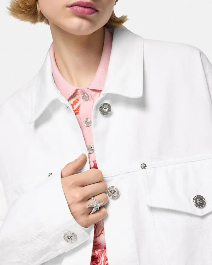Barocco Sea Oversized Denim Jacket Whiteprint Women Versace Outerwear and Coats
