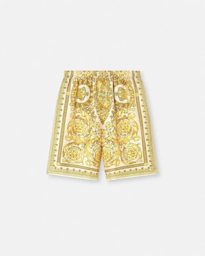 Barocco Silk Shorts Yellowprint Men Versace Pants and Shorts