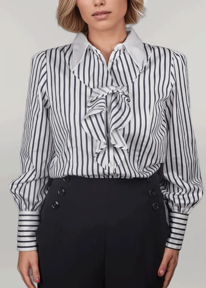 Belle Amour Striped Blouse With Jabot Collar By Ma Reine 100 Cotton Satin Whitenavy Women Saint James TShirts and Tops Belle Amour Striped Blouse With Jabot Collar By Ma Reine 100 Cotton Satin Whitenavy Women Saint James TShirts and Tops