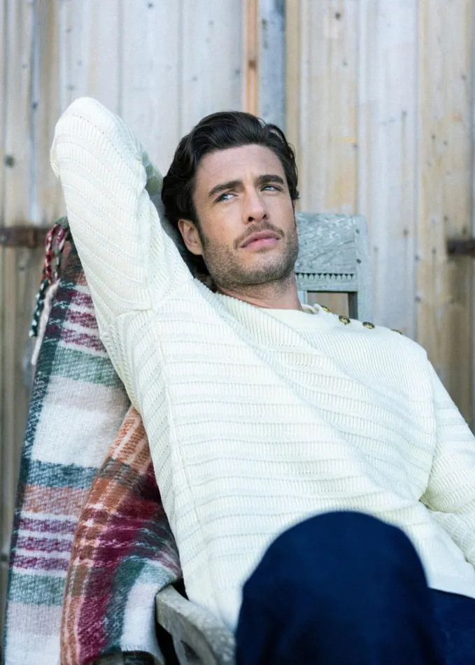 Binic Cap Striped Breton Sweater ToneOnTone Stripes Soft Wool Ivory Men Saint James Breton Sweaters
