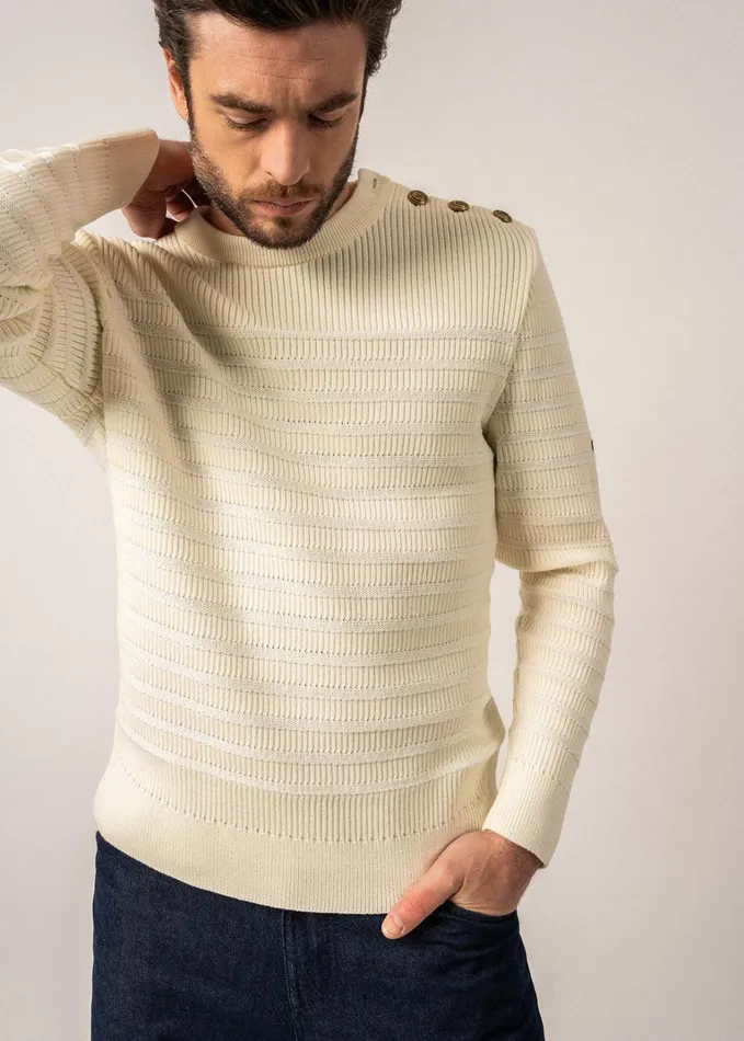 Binic Cap Striped Breton Sweater ToneOnTone Stripes Soft Wool Ivory Men Saint James Breton Sweaters