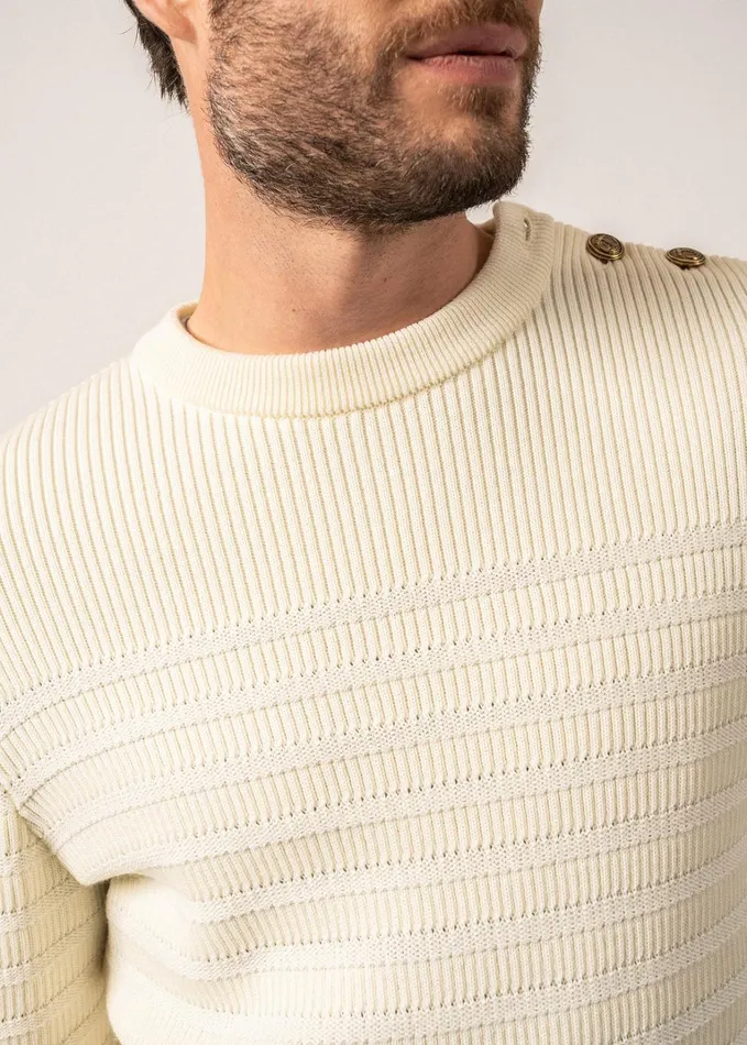Binic Cap Striped Breton Sweater ToneOnTone Stripes Soft Wool Ivory Men Saint James Breton Sweaters
