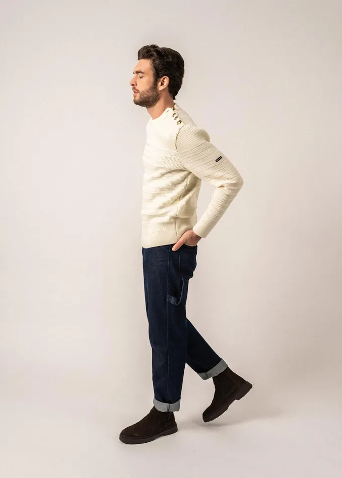 Binic Cap Striped Breton Sweater ToneOnTone Stripes Soft Wool Ivory Men Saint James Breton Sweaters