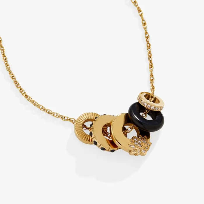 Black Onyx Lotus Charm Necklace Stainless Steel Gold Women Alex And Ani Flower