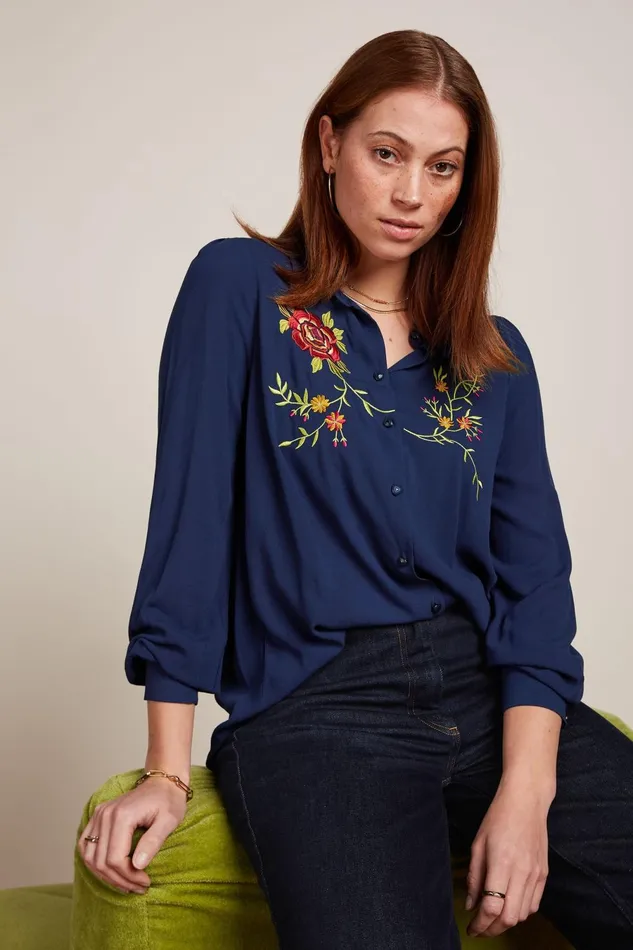 Blouses Women King Louie Maisie Blouse Dakota Embroidery Evening Blue 8211 Dakota Embroidery
