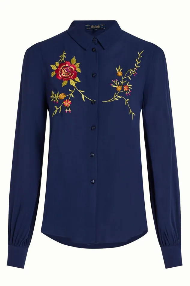 Blouses Women King Louie Maisie Blouse Dakota Embroidery Evening Blue 8211 Dakota Embroidery