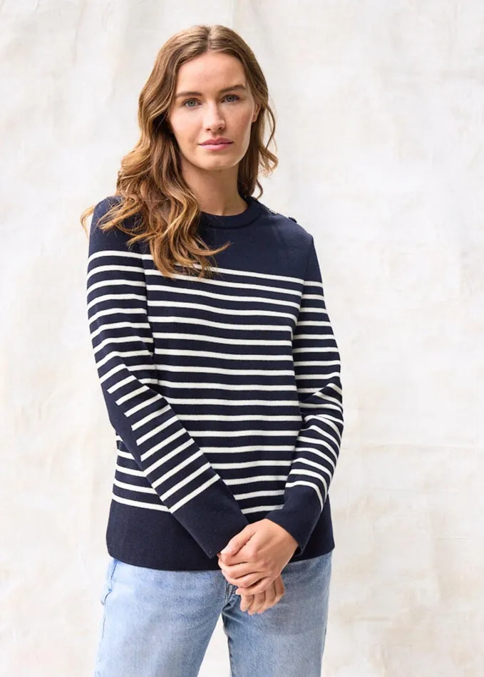 Bregancon Breton Striped Sweater With Jacquard Elbow Patch Navyivory Women Saint James Breton Sweaters