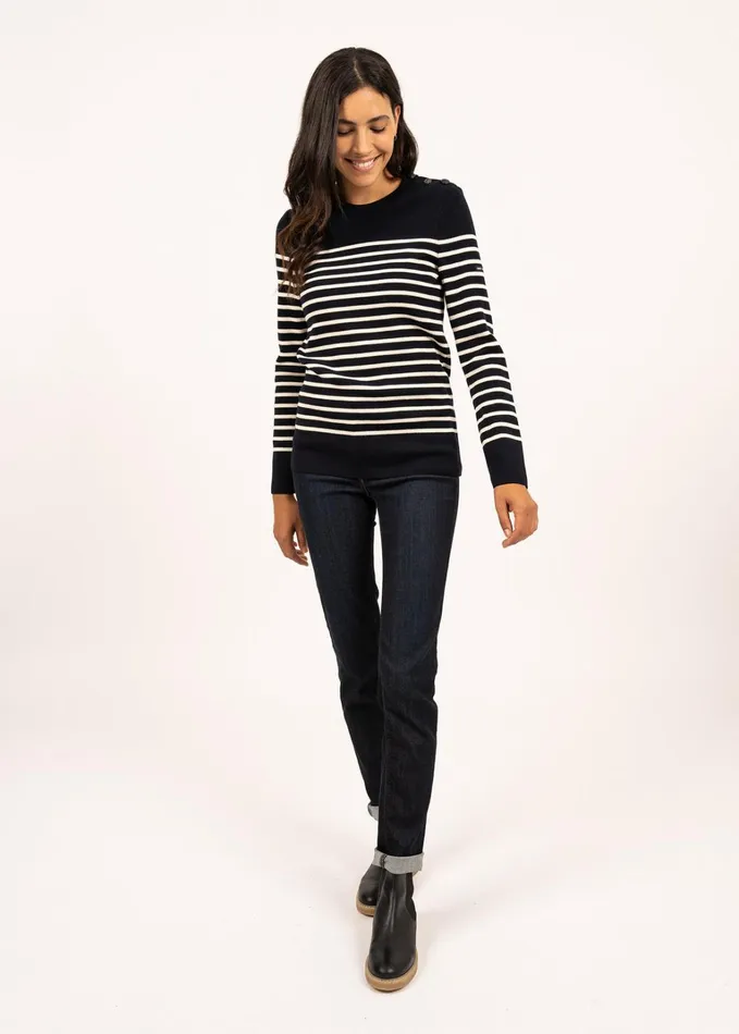 Bregancon Breton Striped Sweater With Jacquard Elbow Patch Navyivory Women Saint James Breton Sweaters