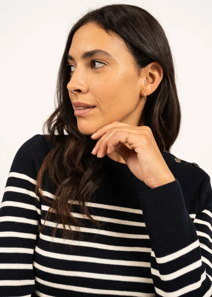 Bregancon Breton Striped Sweater With Jacquard Elbow Patch Navyivory Women Saint James Breton Sweaters