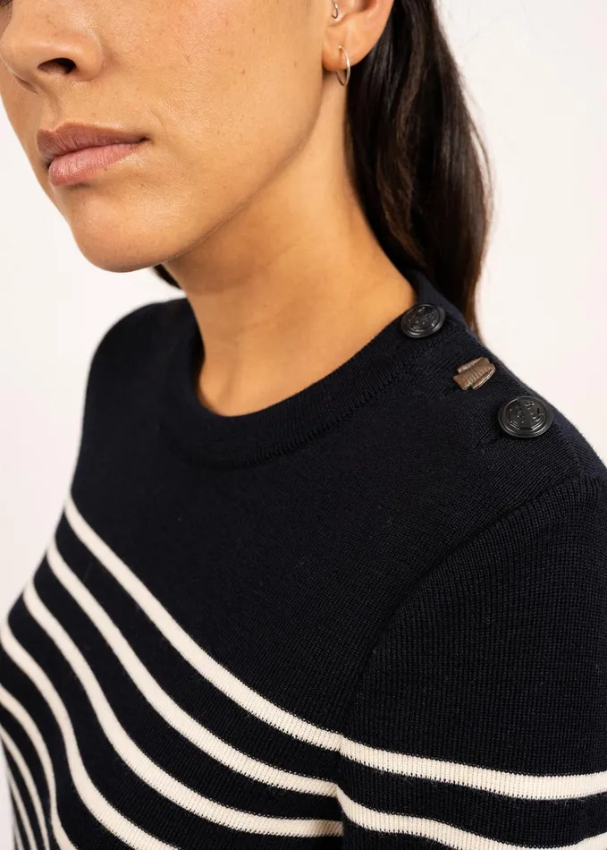 Bregancon Breton Striped Sweater With Jacquard Elbow Patch Navyivory Women Saint James Breton Sweaters