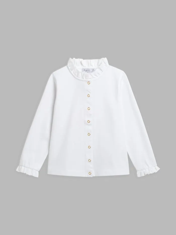 Children Agns B Clothing White Cotton Shirt With Snap Buttons And Ruffles