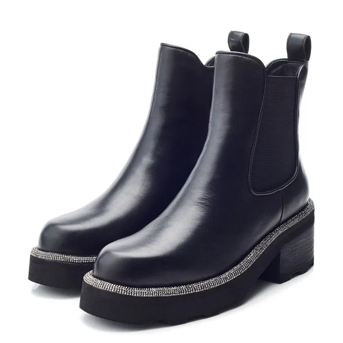 Chunky Boots Women Moda In Pelle Blanda Black Leather