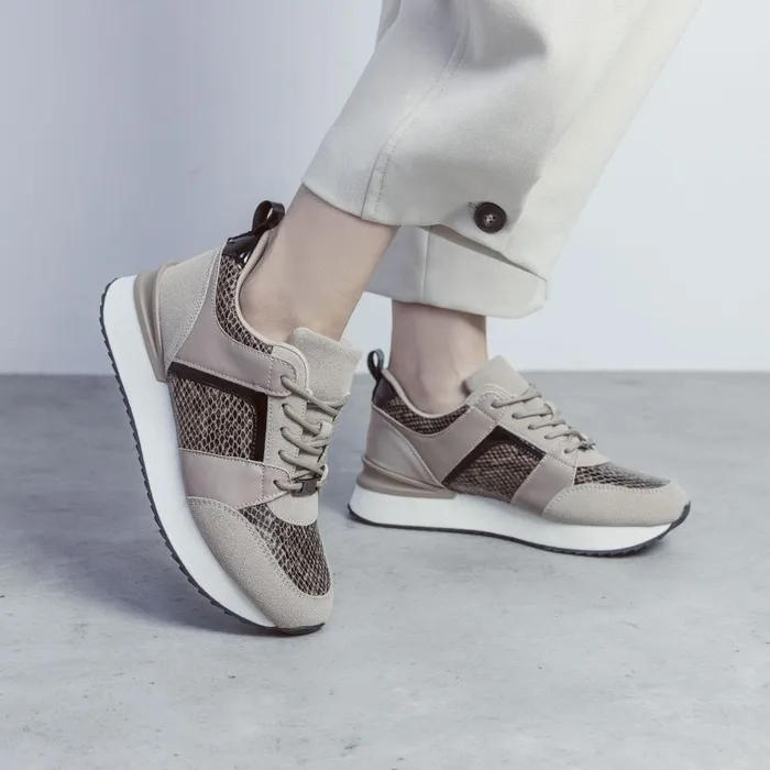 Chunky Trainers Women Moda In Pelle Addele Taupe Snake Print