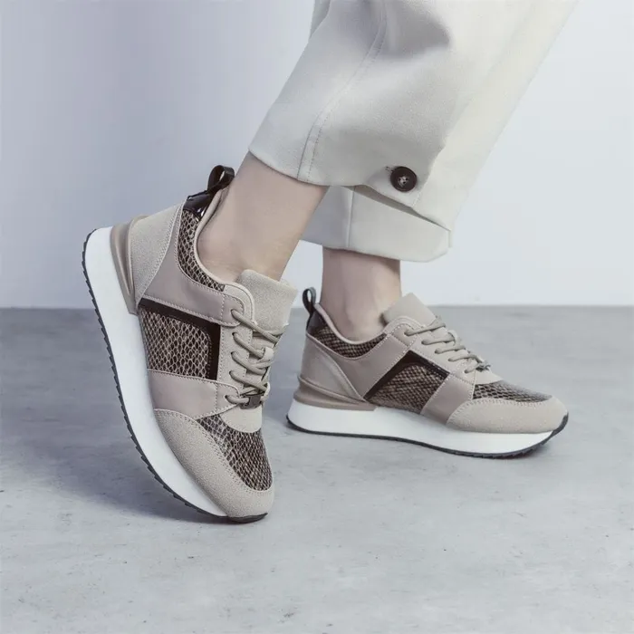 Chunky Trainers Women Moda In Pelle Addele Taupe Snake Print