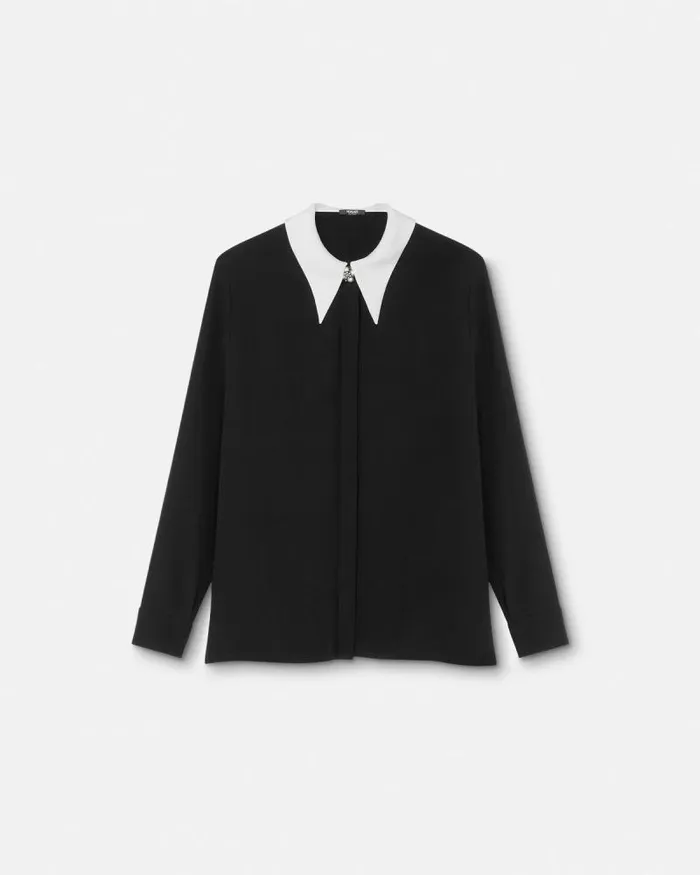 ContrastCollar Silk Crpe Shirt Black Women Versace Shirts and Tops