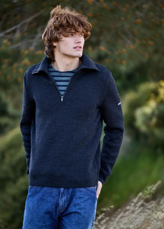 Cotentin Quarter Zip Trucker Sweater Darkgray Men Saint James Breton Sweaters Cotentin Quarter Zip Trucker Sweater Darkgray Men Saint James Breton Sweaters