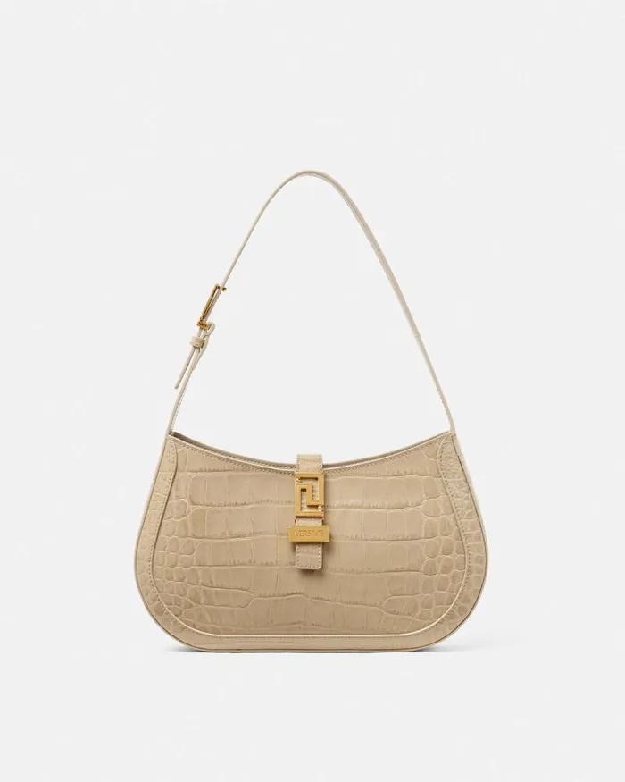 CrocEffect Greca Goddess Hobo Bag Beige Women Versace Shoulder and Crossbody