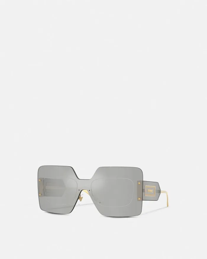 Damier Plaque Squared Shield Sunglasses Silvergold Women Versace Sunglasses