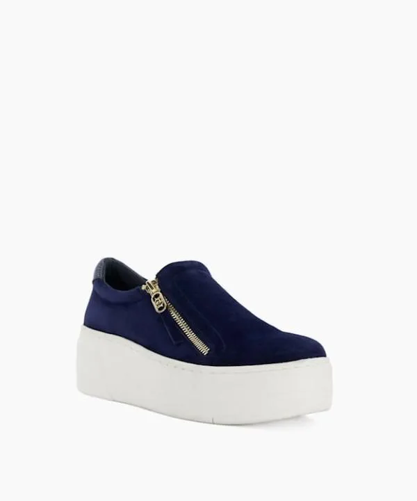 Dune London Flat Shoes Episodic Navy Suede Side Zip Chunky Flatform Trainers Dune London Blue 8211 Women
