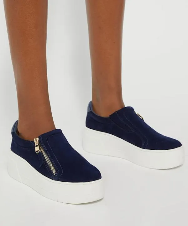 Dune London Flat Shoes Episodic Navy Suede Side Zip Chunky Flatform Trainers Dune London Blue 8211 Women